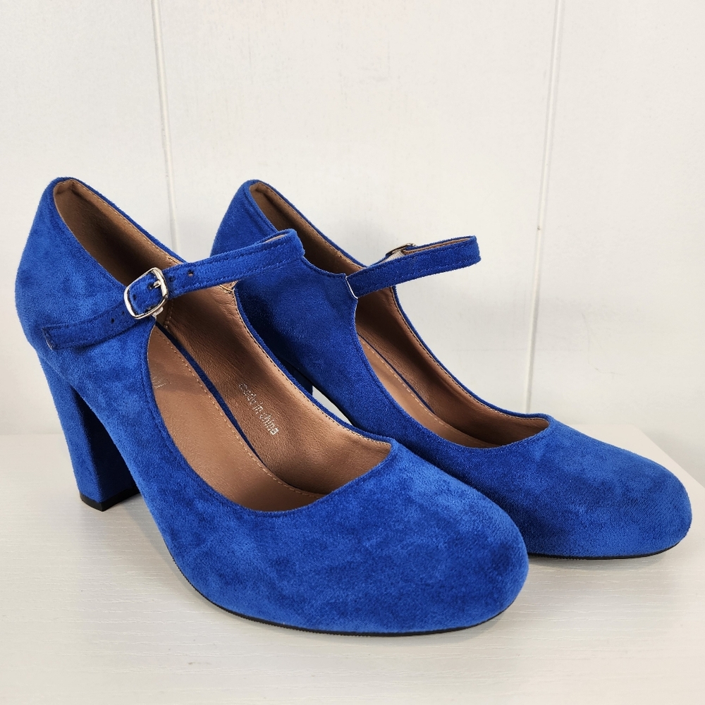 Maiernisi Jessi Suede Block Heel Mary Jane Pumps Rounded Toe Royal Blue Size 9